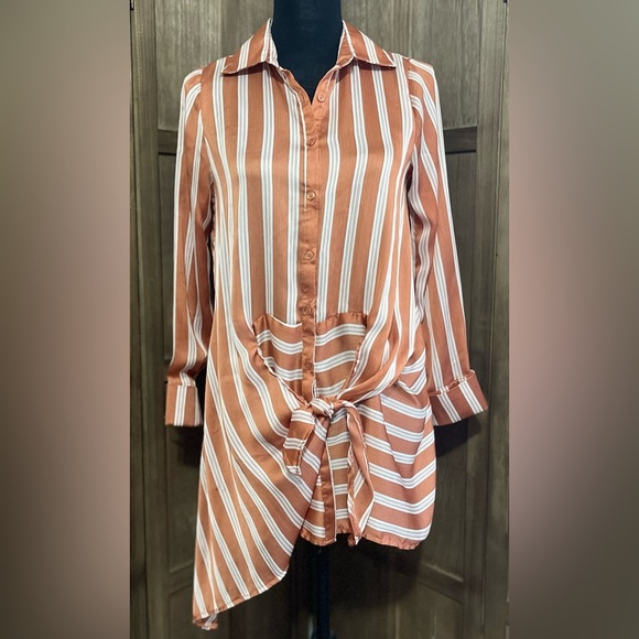 Buckle Black Orange and White Asymmetrical Long Sleeve Button Down Shirt - Picture 1 of 7
